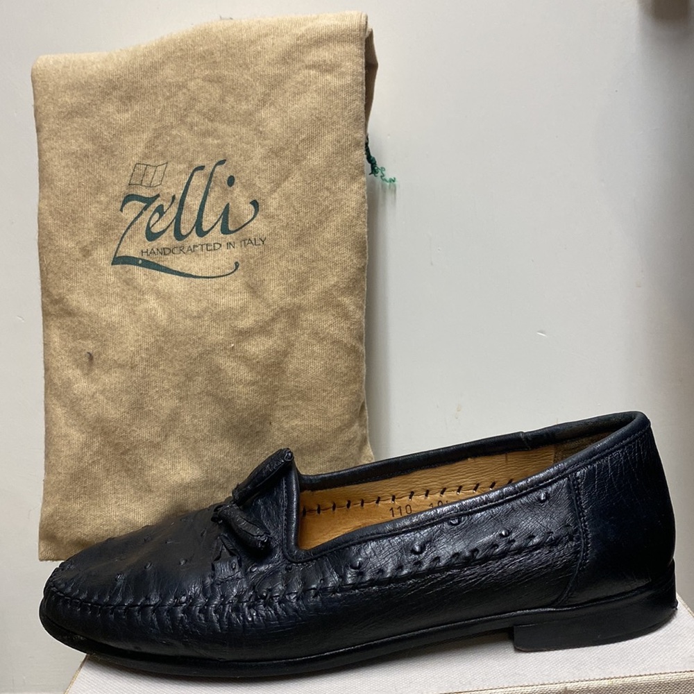 Men’s Zelli Franco Ostrich Low Vamp Tasseled Loafer, 10-1/2M, Black, Handcrafted